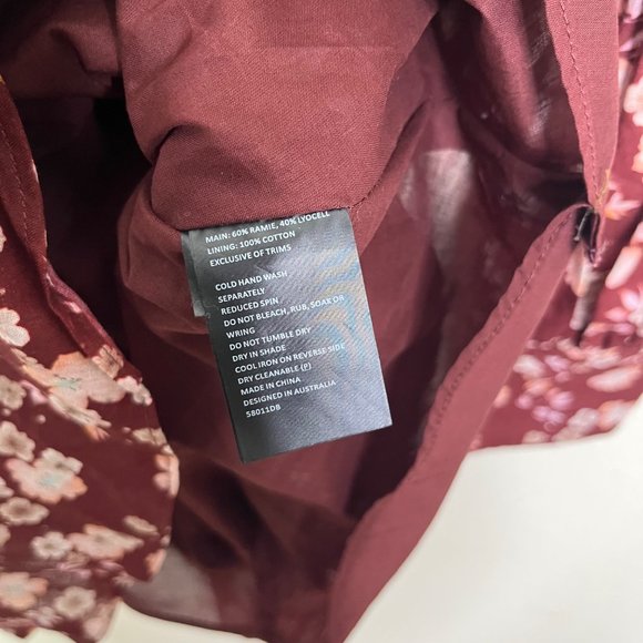 Bardot Women's Logan Maroon Floral Mini Dress Size 4 Long Sleeve Cutout Waist - Picture 11 of 12